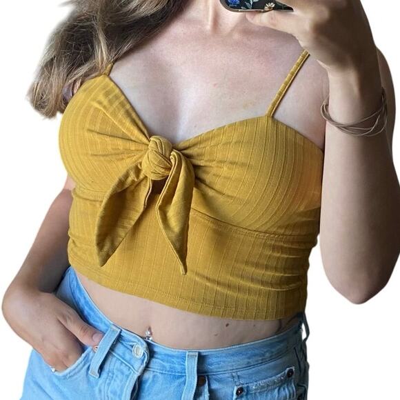 Windsor M Mustard Marigold Yellow Ribbed Knit Tie Knot Front Cami Crop Top - Picture 1 of 7